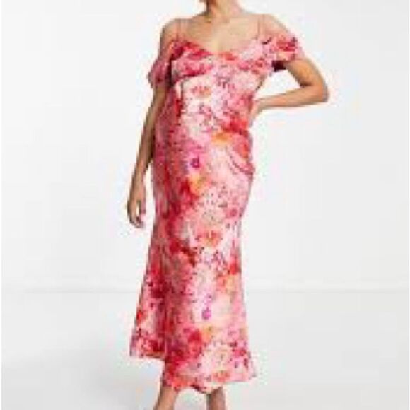 NWT ASOS HOPE & IVY Maternity Kerry Off-Shoulder Pink Floral Satin Midi Dress - Picture 2 of 14